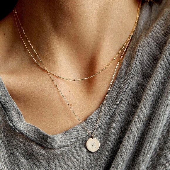 14K Gold Plated Coin Letter Bar Stacking Layer Necklace For Women main image 4